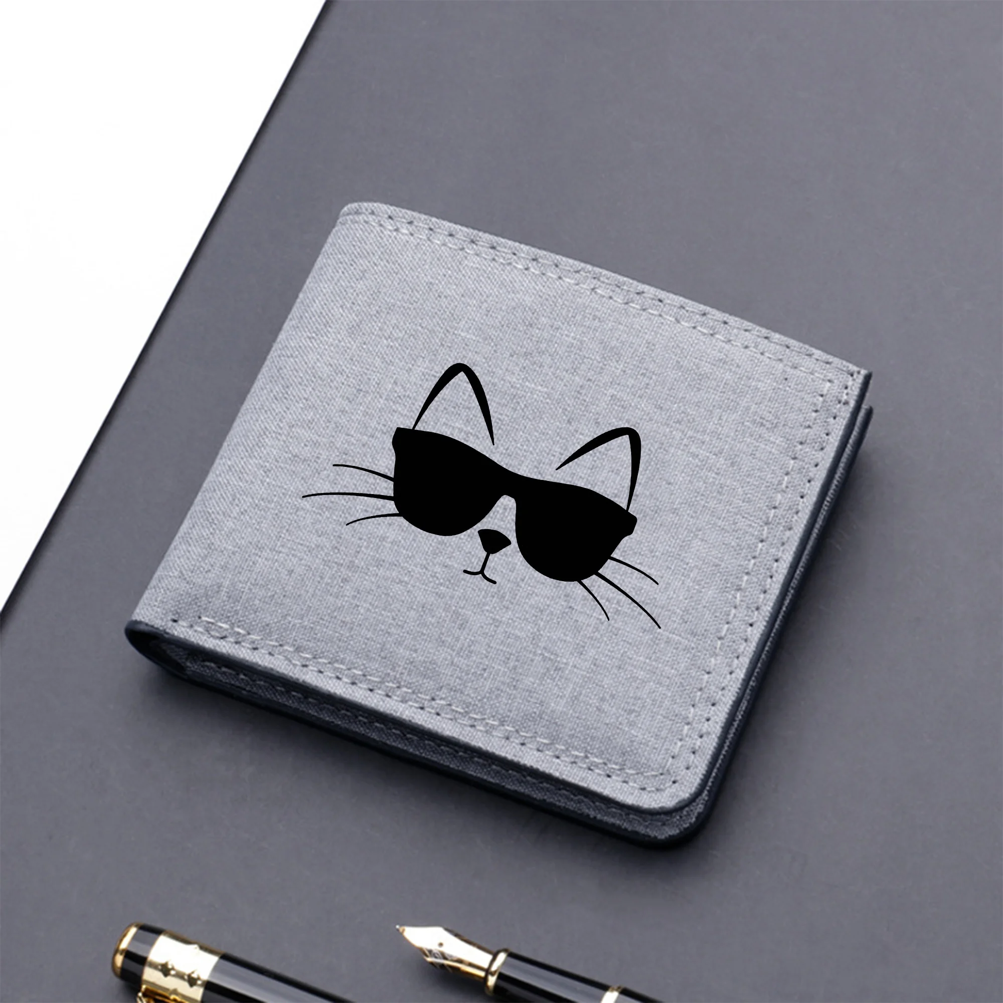 Cool Sunglasses Cat Printed Canvas Short Wallet Bifold Wallet  ID Credit Card Holder Idea Money Clip Gifts For Cat Lovers