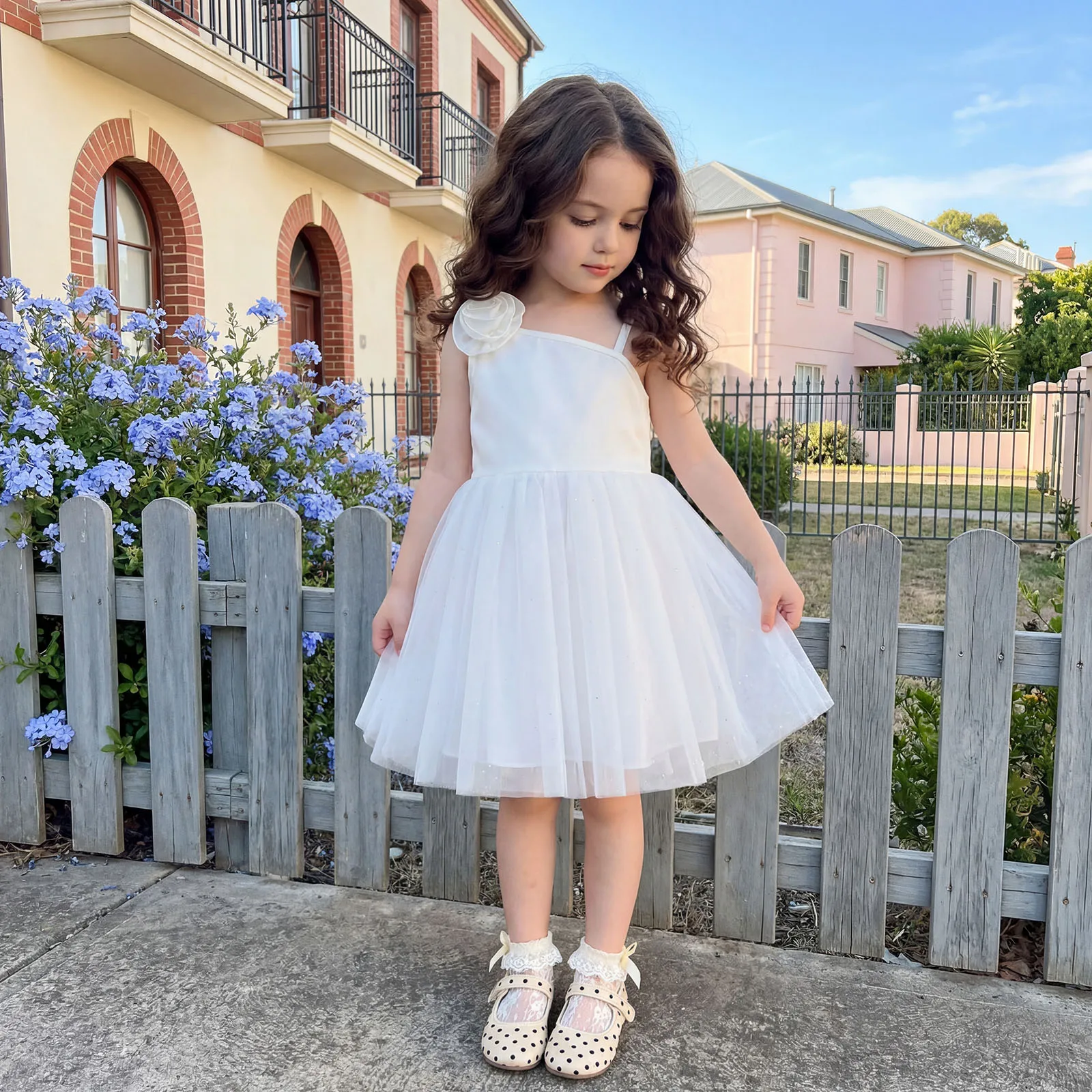 4-7Y Fashion Toddler Girl One Shoulder Sleeveless Princess Dress 3D Floral Tulle Patchwork Gown Elegant Party Tutu Dresses