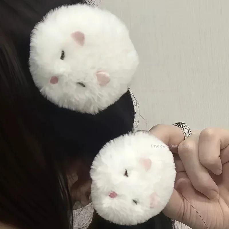 1-2pcs Furry Soft Animal White Little Mouse Hairclip Duckbill Clip Creative Cute Japanese Cartoon Hamster Clip Girls Bangs Clip