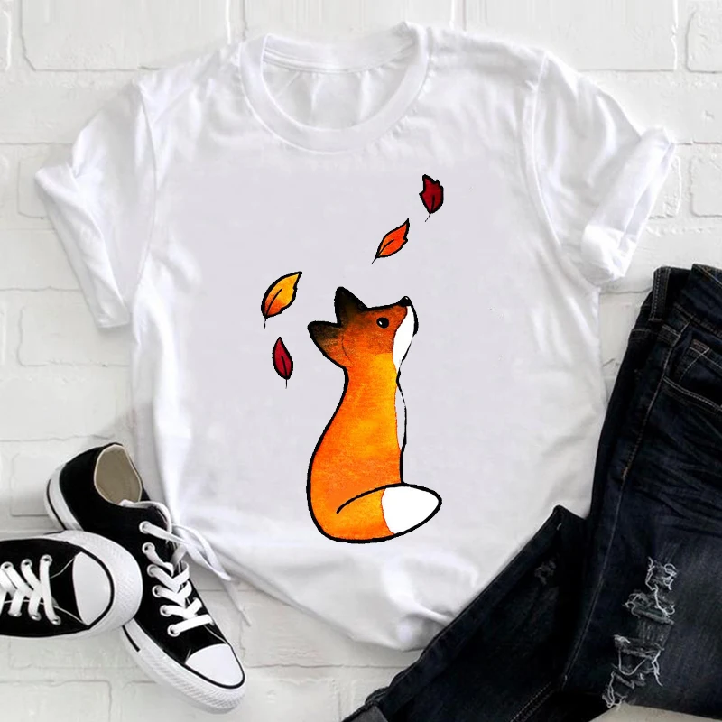 Women Short Sleeve Flower Kawaii Cute Fox Spring Summer Animal Pretty Ladies Graphic Print Tee Top Tshirt Nice T-shirt