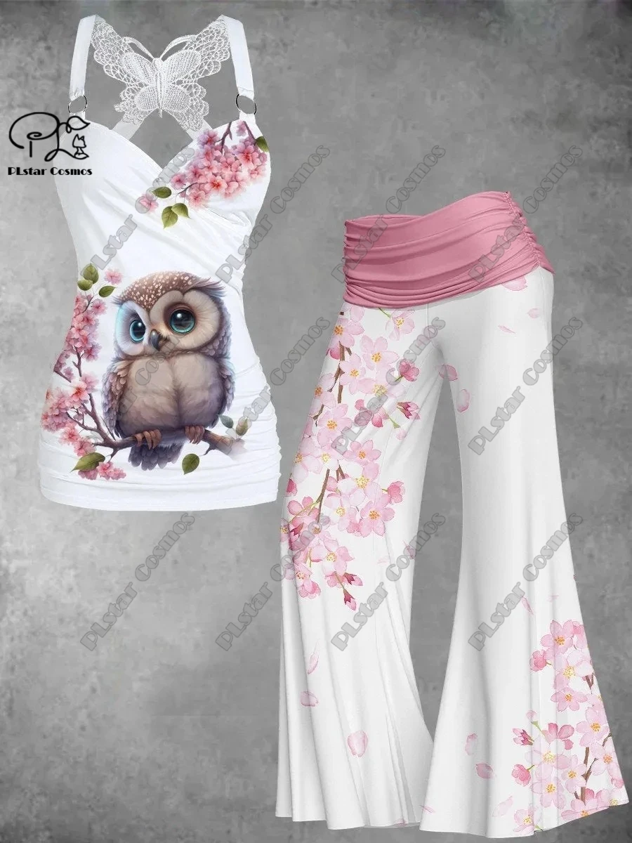 2023 new 3D printing owl fox moon dreamcatcher pattern female butterfly vest + wide-leg pants two-piece set