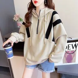 Women's Autumn Winter Korean New Hooded Collar Pullover Fashion Design Zipper Contrast Panel Loose Versatile Long Sleeved Tops