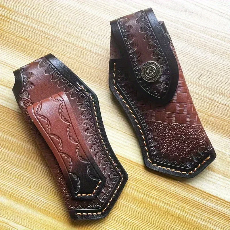 

Pattern Buckle Large Vegetable Tanned Leather Magazine First Layer Cowhide Knife Cover Folding Knife Storage Leather Case