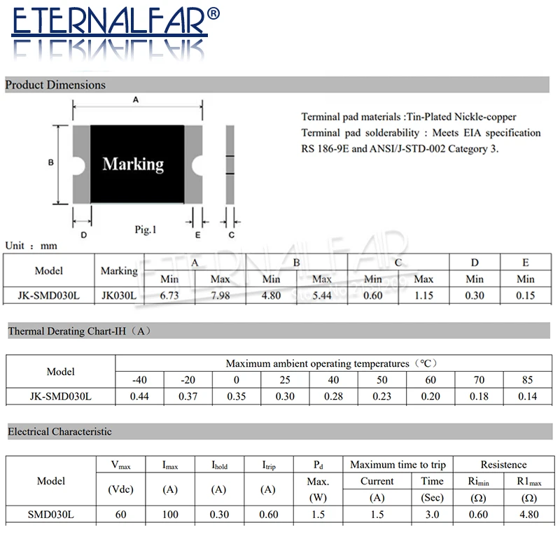 Resettable Fuse PTC SMD2920 Series 2920 mils 7555 mm JK 030L JK-SMD030L 300MA 0.3A 60V DC Faster Tripping Surface Mountable