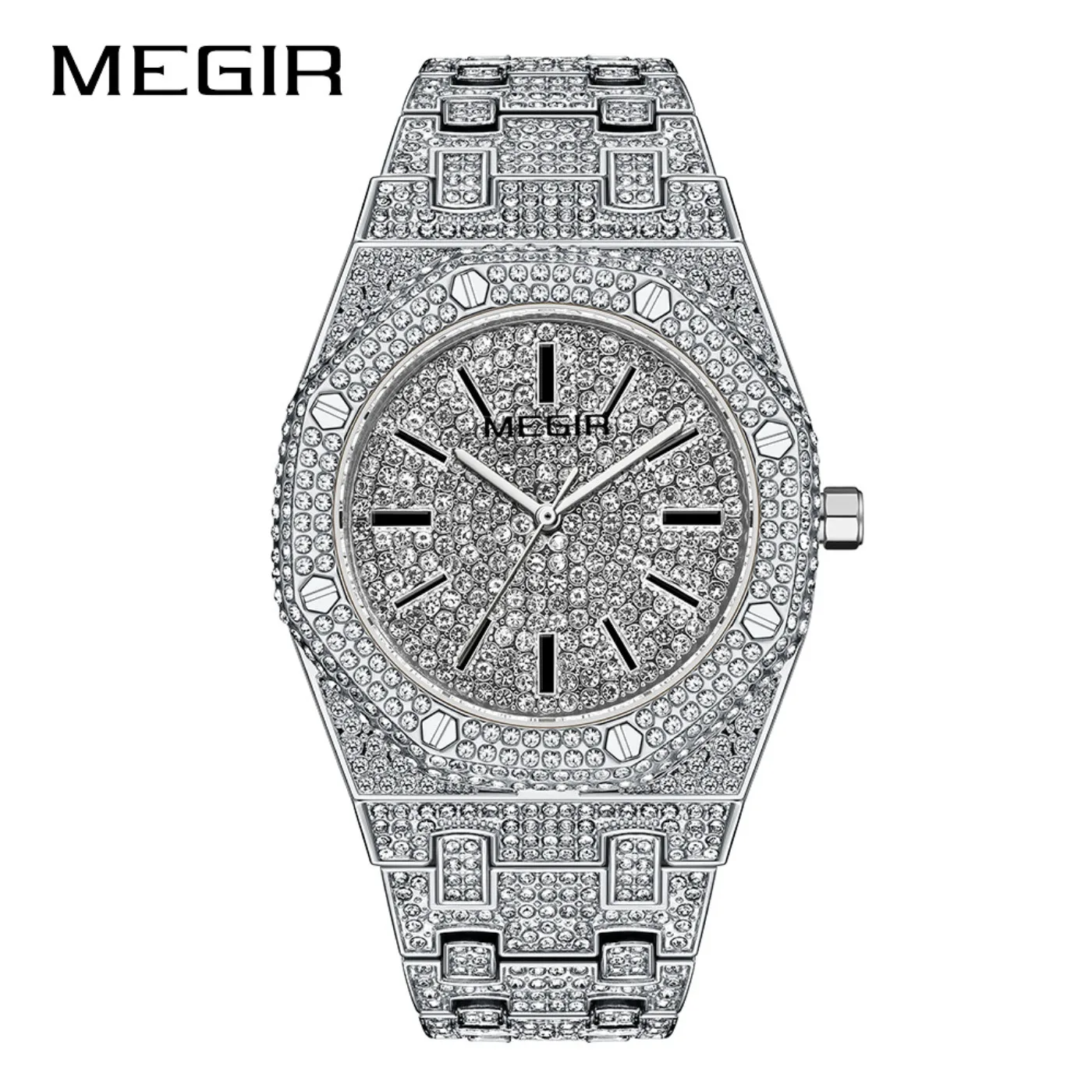 MEGIR Luxury Quartz Rhinestone Watch for Men Golden Clock Stainless Steel Waterproof Man Wristwatch Top Brand Business Watches view 6