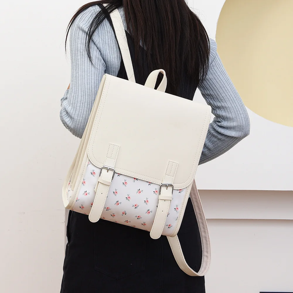 Floral print women's backpack, leather and fabric spliced multi-layer flip cover student schoolbag, simple commuting backpack