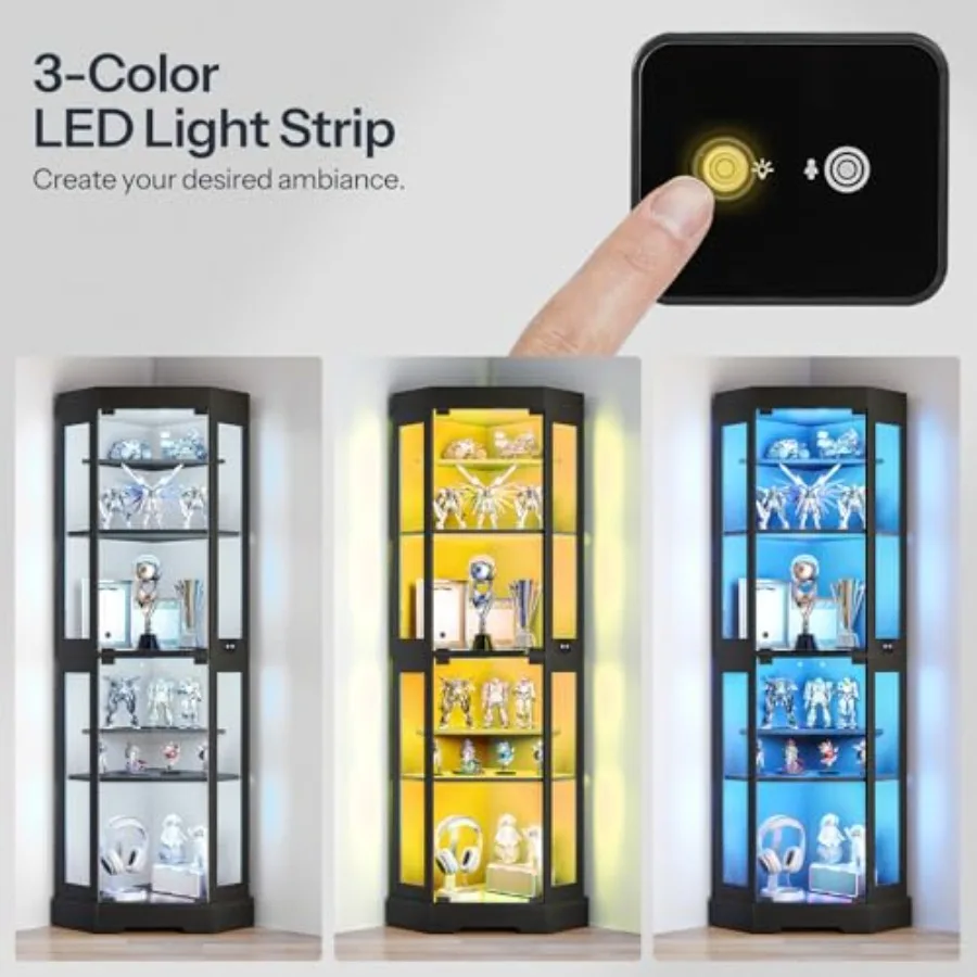 Corner display cabinet with tempered glass doors, black finish, LED lighting, 6-tier modern curio cabinet for collectibles and view 6