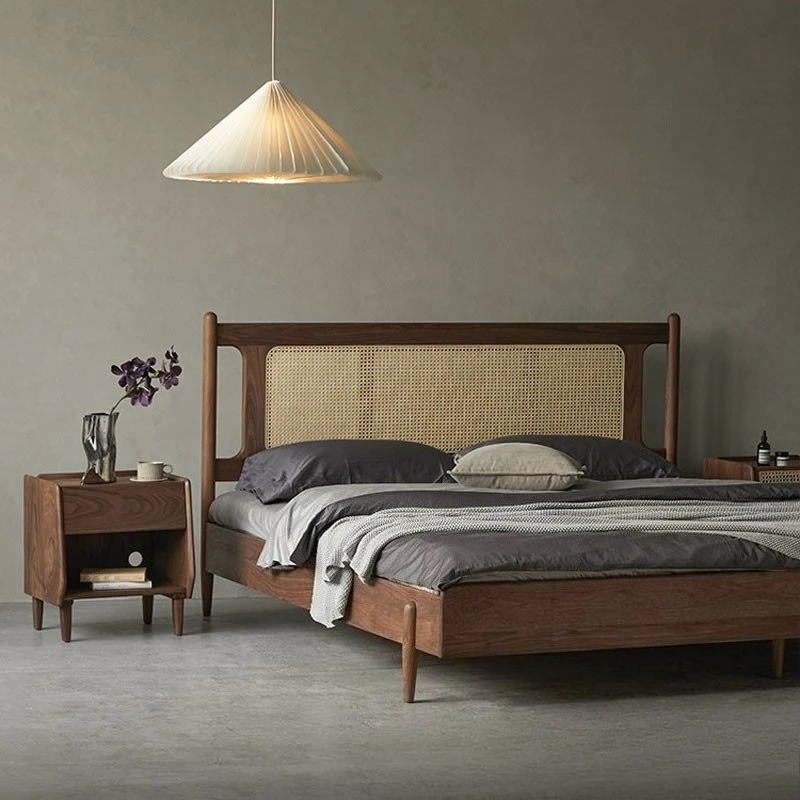 

American retro full solid bed simple modern high-end braided rattan walnut master bedroom wedding bed solid wood furniture