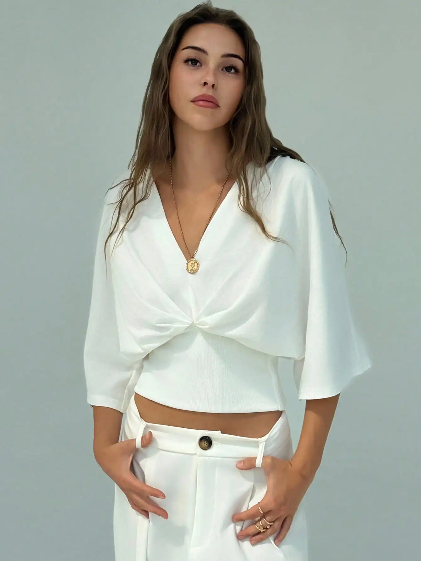 

White V-Neck Knotted Front Crop Top with Dolman Sleeves for Casual & Commuting
