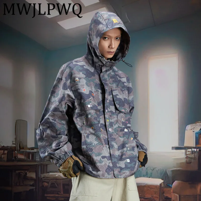 

MWJLPWQ Men's Printed Patch Hooded Zipper Jacket Camouflage Design Streetwear Fashion Loose Versatile Outdoor Trend Tops 11947