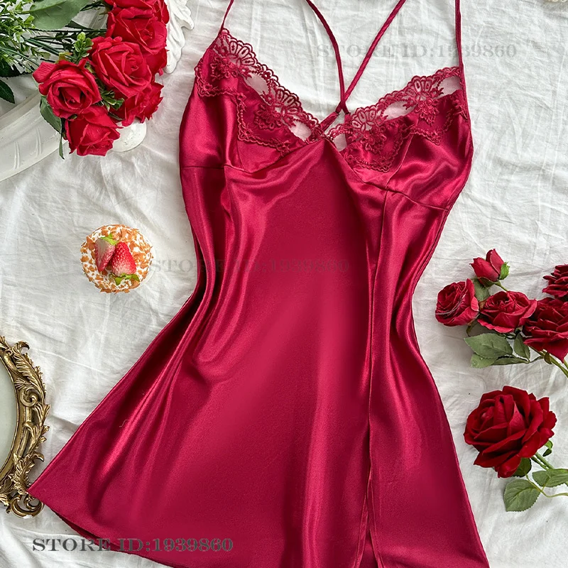 

Summer New Womens Suspender Nightgown Chemise Sleepwear Sexy Lingerie Mini Nightdress Sleepwear Silky Satin Homewear Loungewear