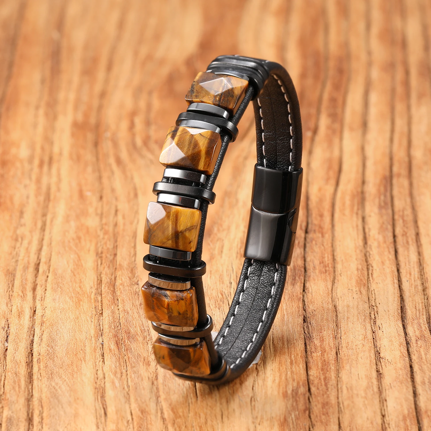 Naturfarbener Stein, Lederband-Armband, Edelstahlverschluss, Boho-Chic-Heilkristallschmuck, Geschenk für Frauen und Männer – Detail 8