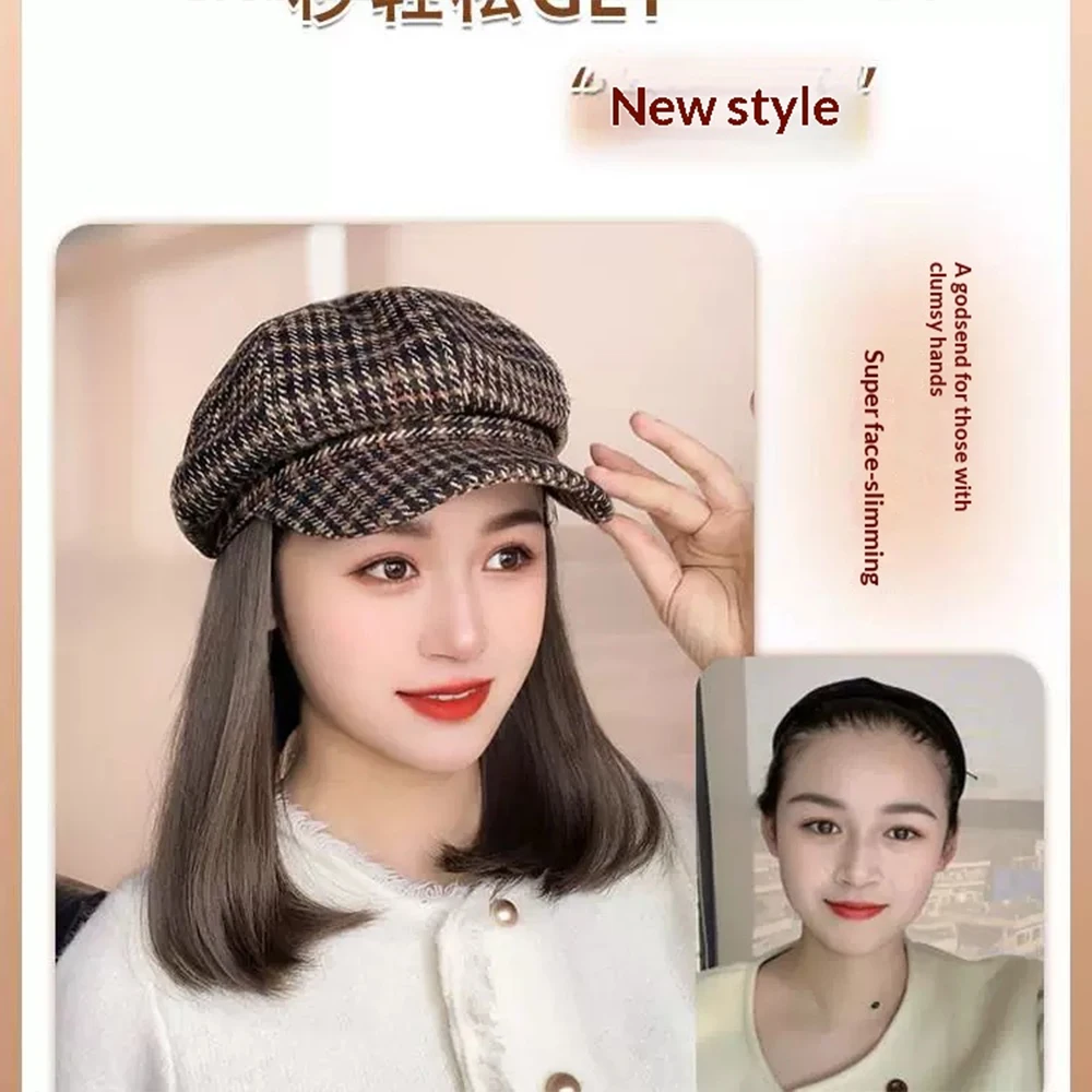 10inch Synthetic Short Straight Wig with Beret No Trace Connect Hat Wig for Women Natural Fluffy Hat Hair Extensions
