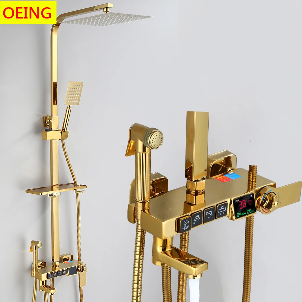 Gold Display Shower Faucet Set Gold Rainfall  Bathtub Shower Mixer Tap Long Spout 4 Ways Water Outlet