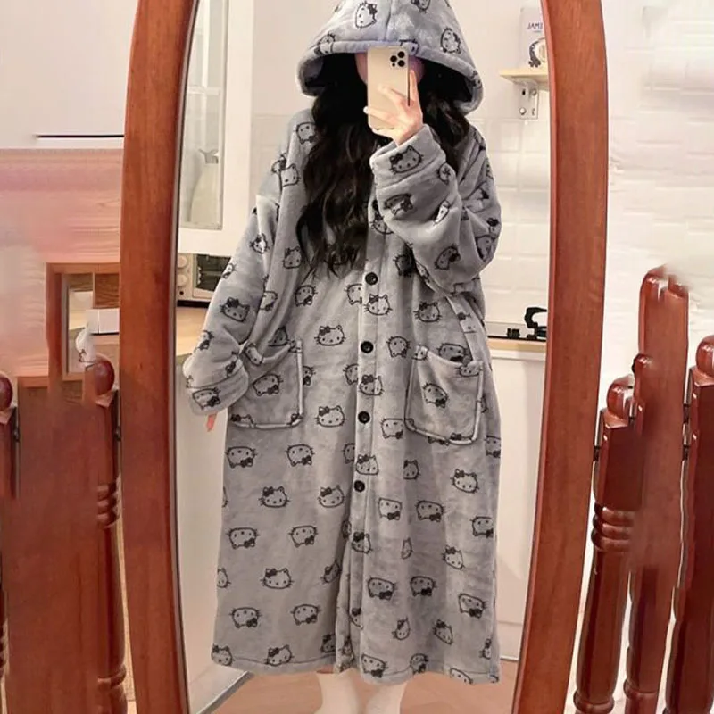 Anime Sanrios Robes Kawaii Hello Kittys Women Autumn Winter Flannel Hooded Pajamas Warm Cartoon Home Clothes Oversize Night-Robe