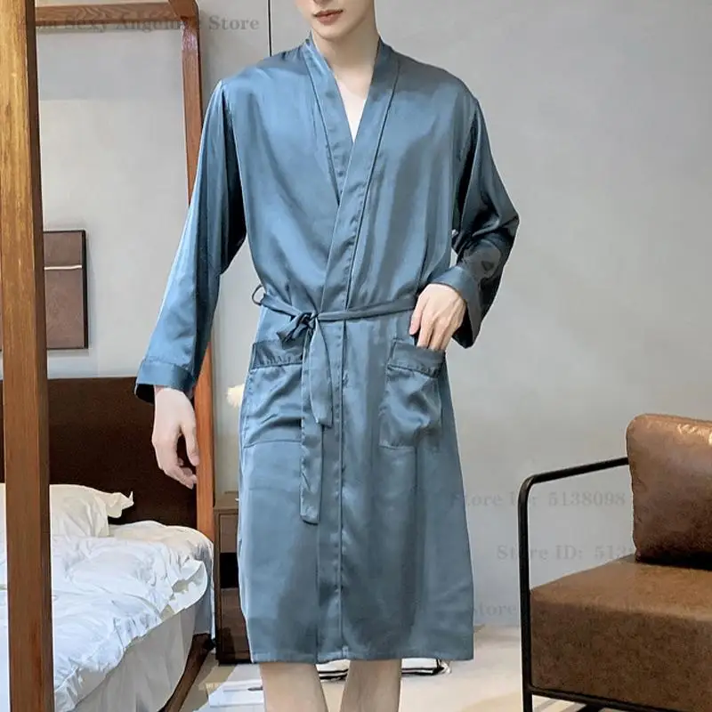

Летний новый халат-кимоно для мужчин, домашняя одежда из атласного шелка, свободный повседневный наряд для сна и отдыха