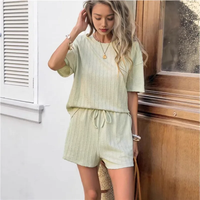 

Women's Casual Summer 2 Piece Set Textured Knit Short Sleeve Top and Drawstring Shorts for Vacation and Daily Wear