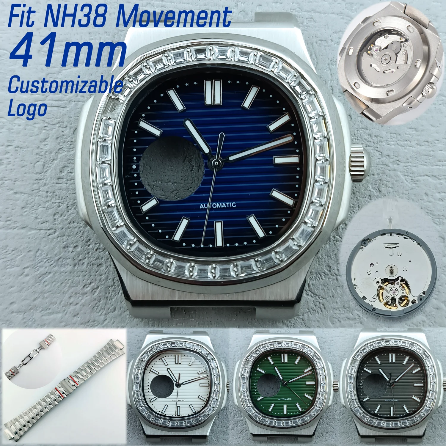 

41mm NH38 Jeweled Case Stainless Steel Case Customizable Logo NH38 Dial Fit NH38 Movement Diving Watch Parts Watch Accessories