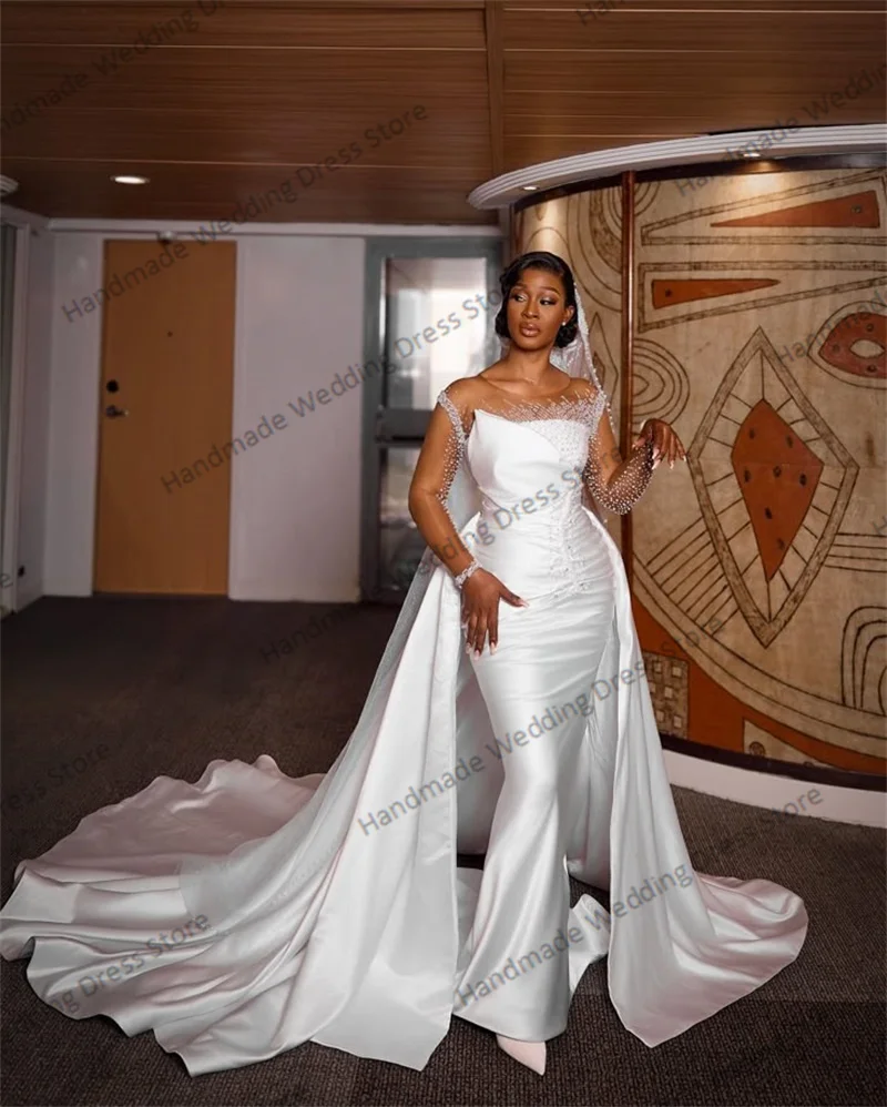 

Luxury Pearls Wedding Dress Detachable Train Sexy Sheer Neck Full Sleeves Mermaid Bridal Party Gown Customized Beach Long Robe