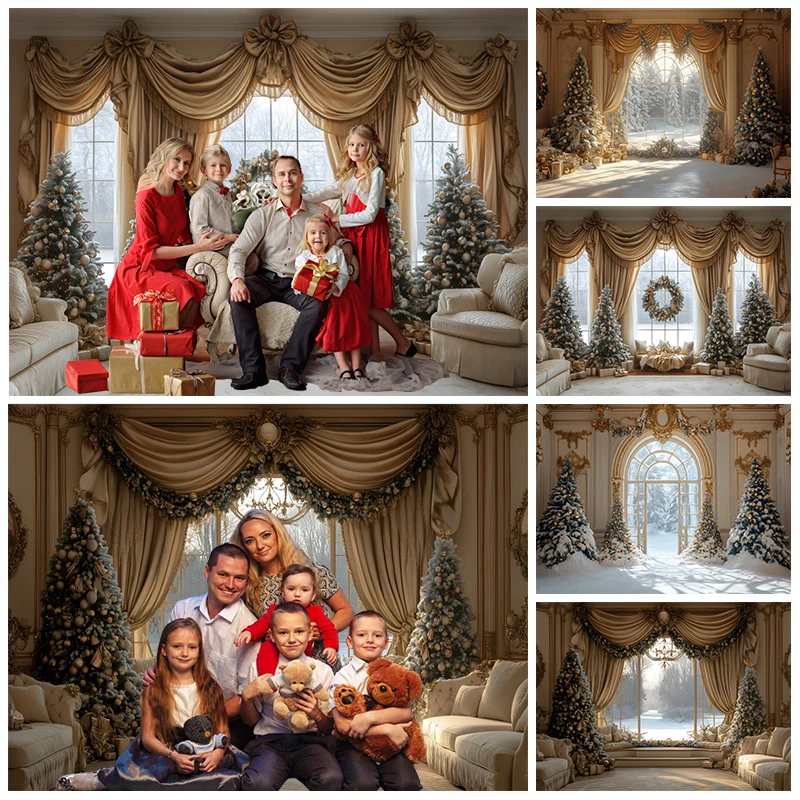 Indoor Christmas Photography Backdrop Christmas Tree Window Curtain Gifts Family Party Kids Portrait Xmas Photo Background Decor