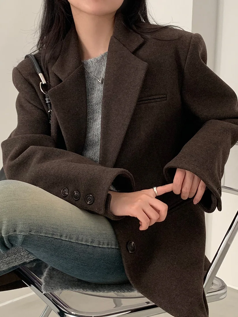 

Retro Hepburn Sle Women's Thiened Woolen Coat Korean Faion High-End Feeling Suit Woolen Coat Trendy Long Sve Button up