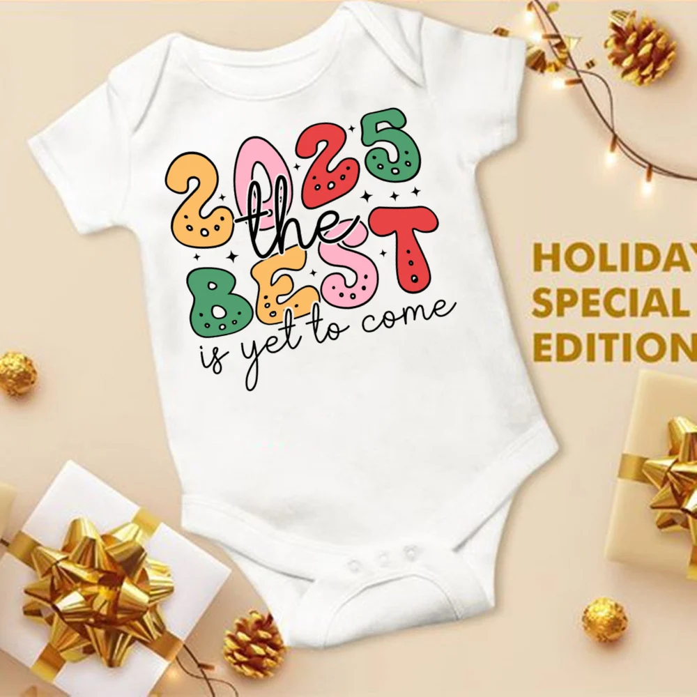 Happy New Year 2025 Print Baby Bodysuit Cute Infant New Year Outfit Newborn Short Sleeve Romper Holiday Toddler Clothes Jumpsuit