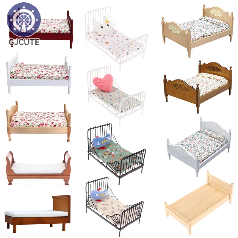 1Pc 1:12 Dollhouse Miniature Bedroom Double Bed European Simulation Single Bed Furniture Model Living Scene Decoration Toy