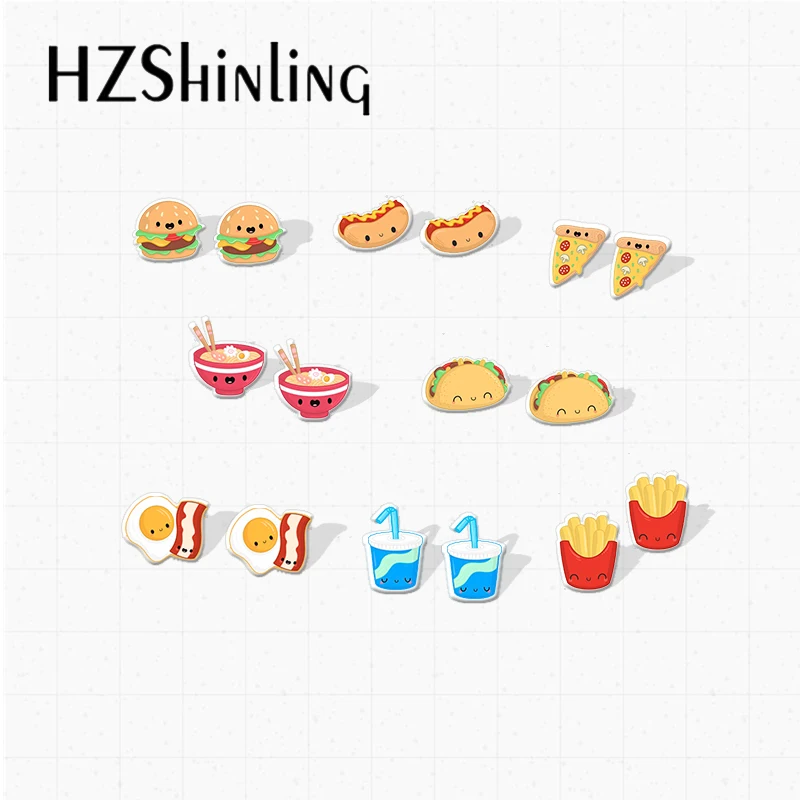 New Lovely Food Hamburg French Fries Pizza Cartoon Epoxy Acrylic Resin Earrings Cute Fast Food Acrylic Earrings