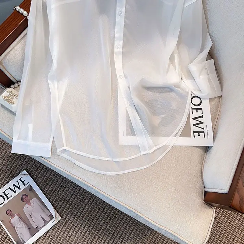 White Solid Color Lapel Collar Thin Style Summer 2024 Women Chiffon Long Sleeved Single-breasted Comfortable Casual Youth Shirt