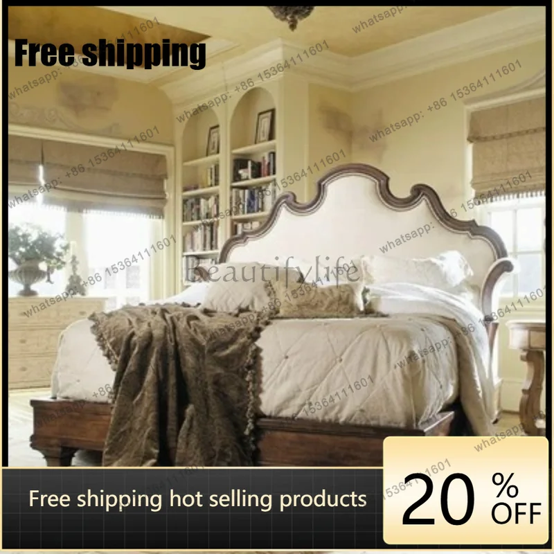 Zj. American retro oak solid wood bed French classical simple light luxury fabric bed