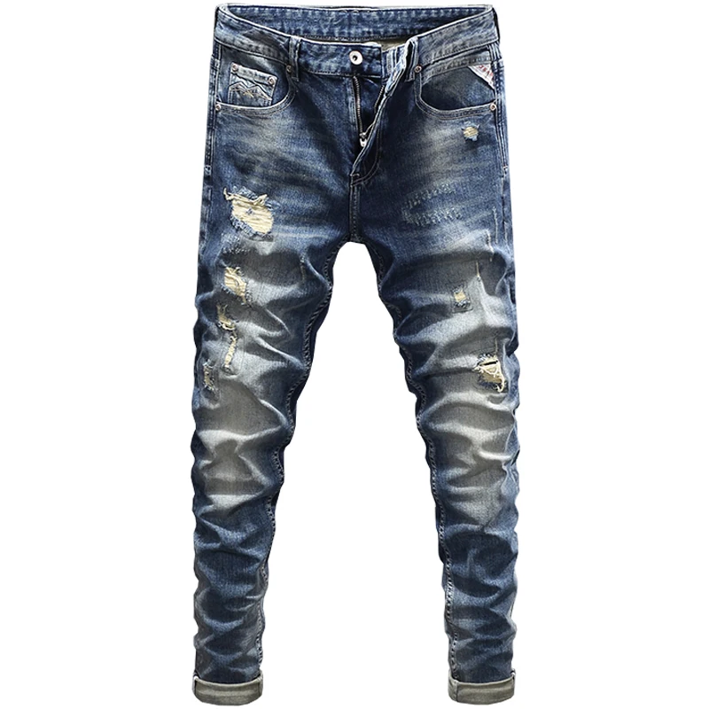 Fashion Designer Men Jeans Retro Blue Elastic Stretch Slim Fit Broken Hole Ripped Jeans Men Trousers Vintage Denim Pants Hombre
