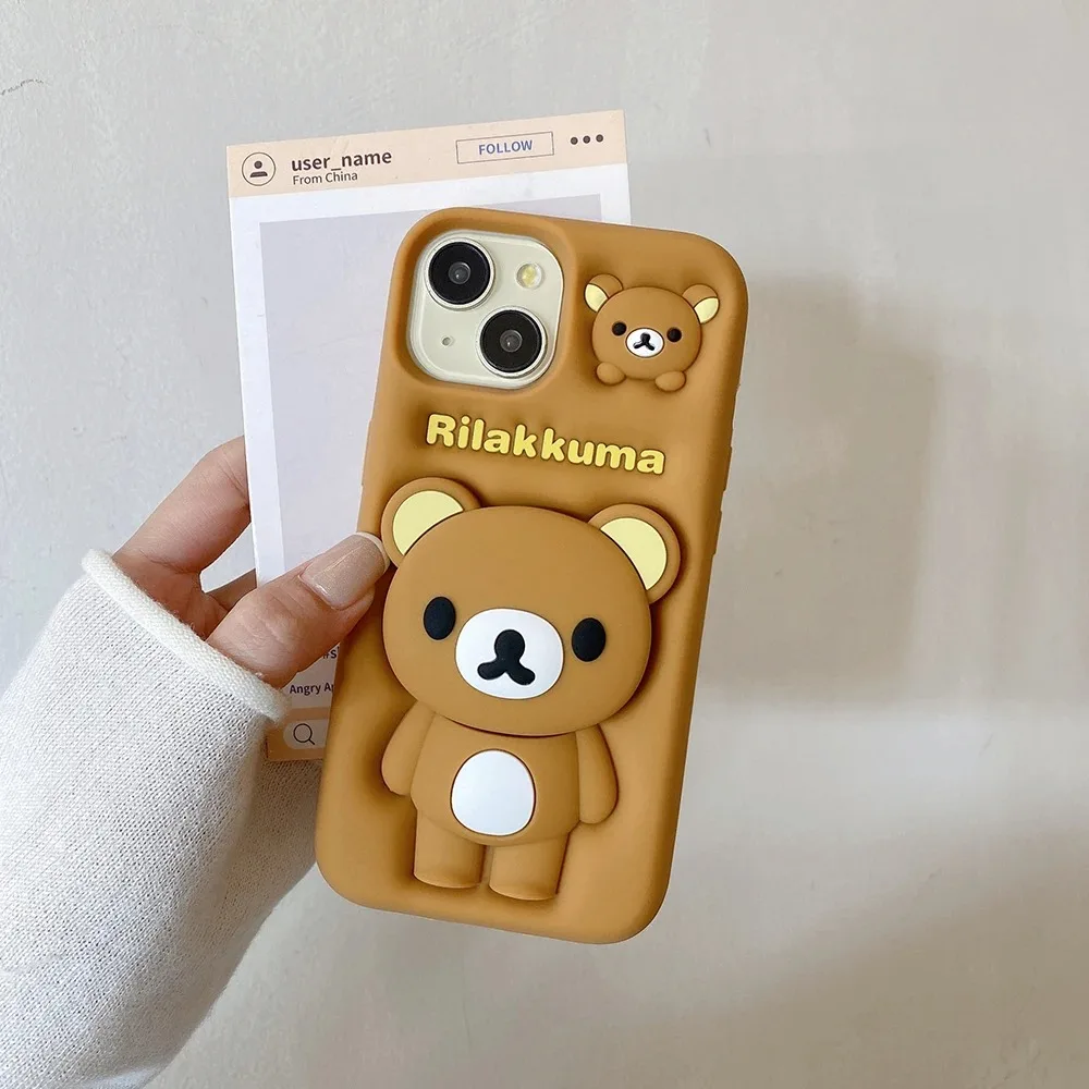 Fashion Cute 3D Cartoon Rilakkuma Bear Soft Silicone Phone Case With Stand Holder Cover For iPhone 11 12 13 14 15 16 Pro Max