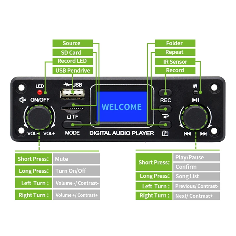 UNISIAN Digital Audio Player Bluetooth MP3 Player Decoder Board 128*64 DOTS LCD USB SD BT FM Music Player Module TPM119B