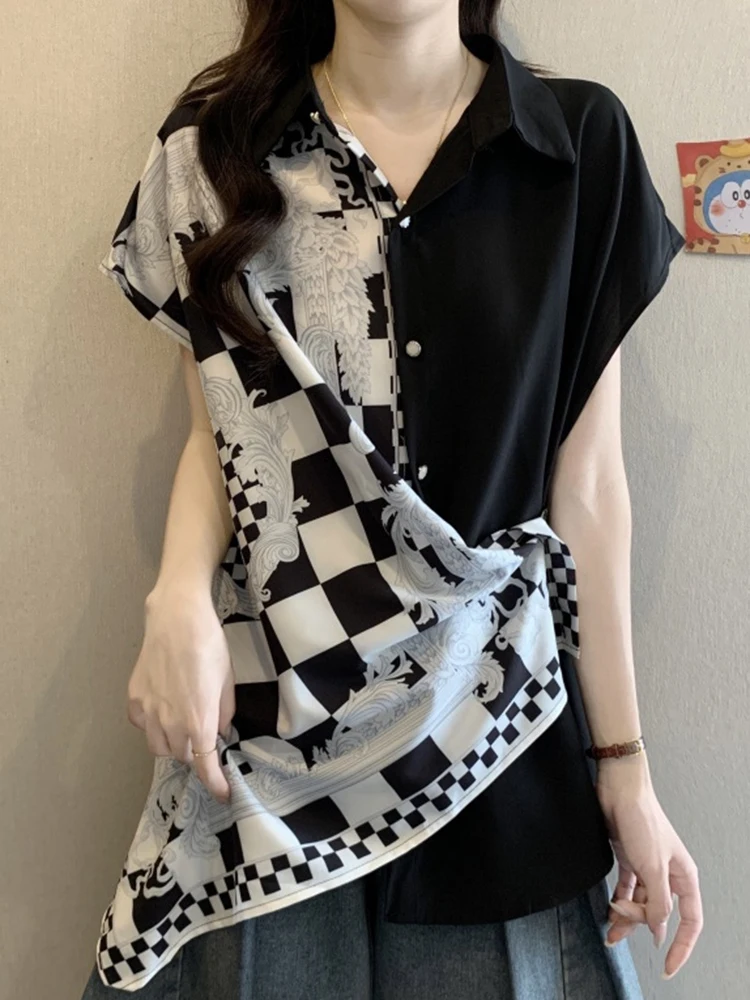 YERMORA الأبيض تقسم منقوشة طباعة بلوزة غير رسمية للنساء التلبيب قصيرة الأكمام فضفاضة قميص جديد موضة المد الربيع الصيف 2025