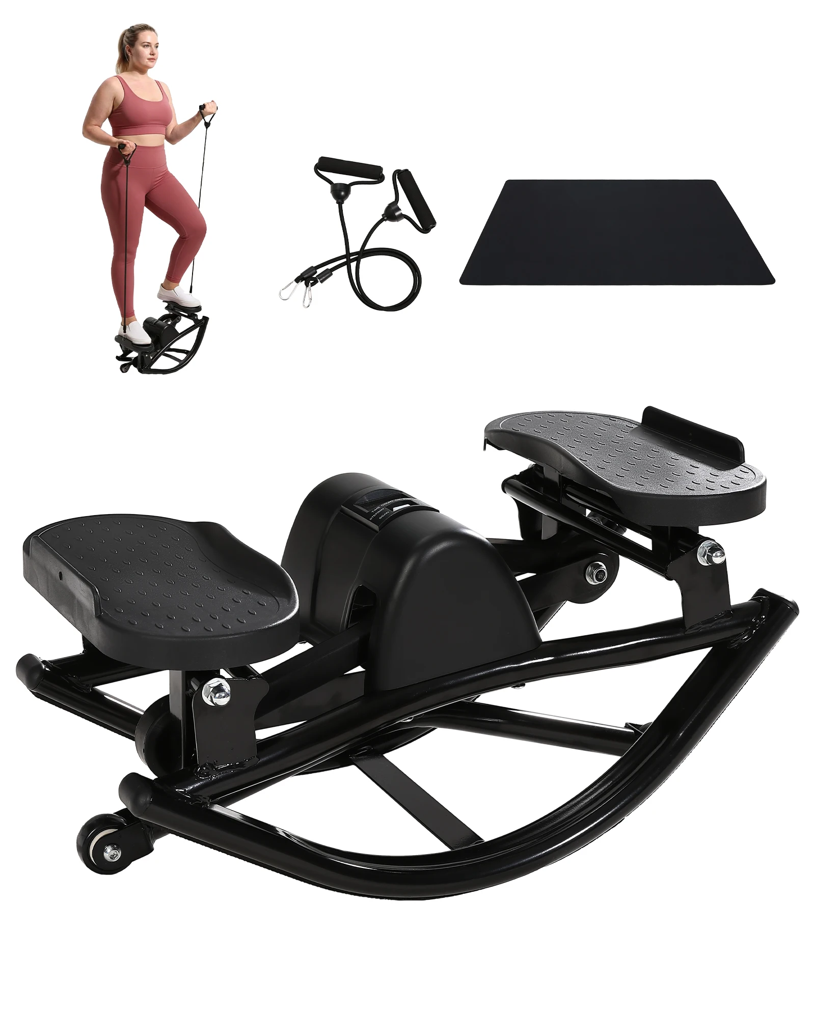Dual-Motion Rock Stepper with Resistance Bands – Heavy Duty 350 lbs Mini Stepper for Home Gym – Low Impact U-Shape Cardio Machine with LCD Monitor, Non-Slip Mat, Full Body Workout
