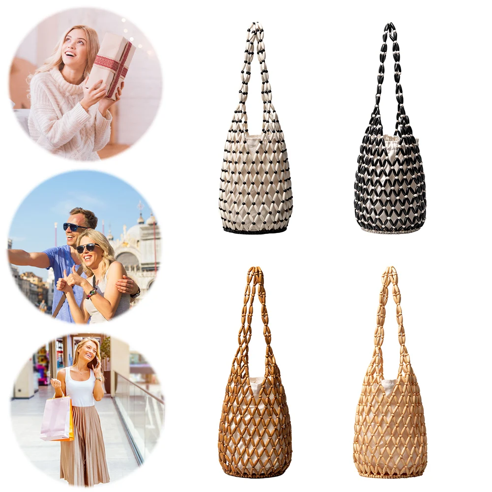 

Wooden Bead Woven Hand Bag for Holiday Travels Date Hollow-out Tote Bag Bucket Shoulder Bag Casual Beach Handbag for Women