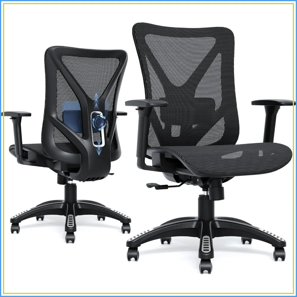 Ergonomic Office Chair Mesh with Adjustable Lumbar Support 3D Armrests Tilt Function Wide Seat Swivel for Home