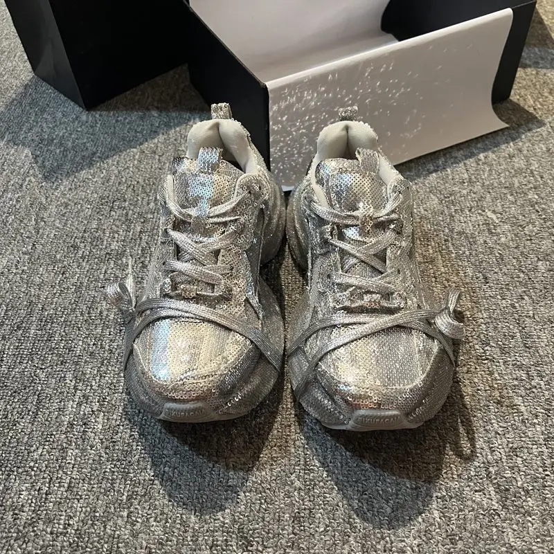 Women's Full Rhinestone Snake Print Bow Lace Chunky Platform Dad Shoes Lace Up Height Boost Sparkly Street Casual Footwear Drop