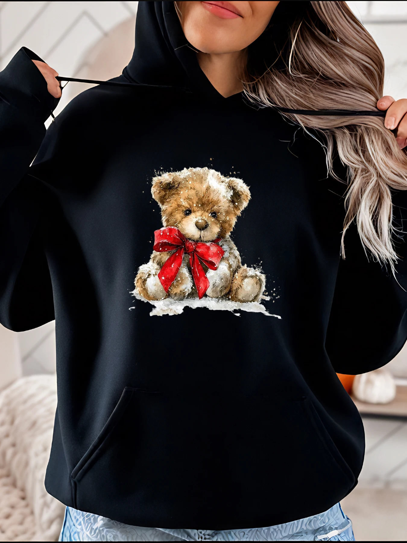 Sudadera con capucha con estampado de oso de peluche, estilo informal de invierno, detalle de lazo rojo, traje acogedor para mujer para temporada navideña