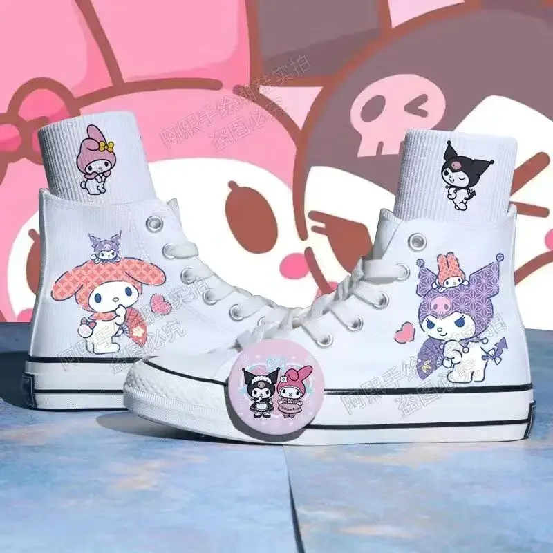 Kawaii Sanrio Kuromi mały diabeł wysokie buty płócienne moja melodia Cute Cartoon para Student wysokie trampki obuwie damskie