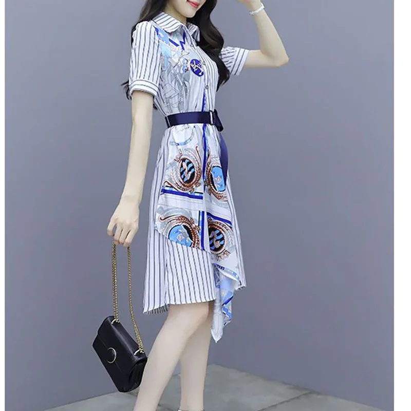 Fashion Printed Spliced Sashes Asymmetrical Striped Casual Dresses Women's Clothing 2024 Summer New Loose Commuter Shirt Dress