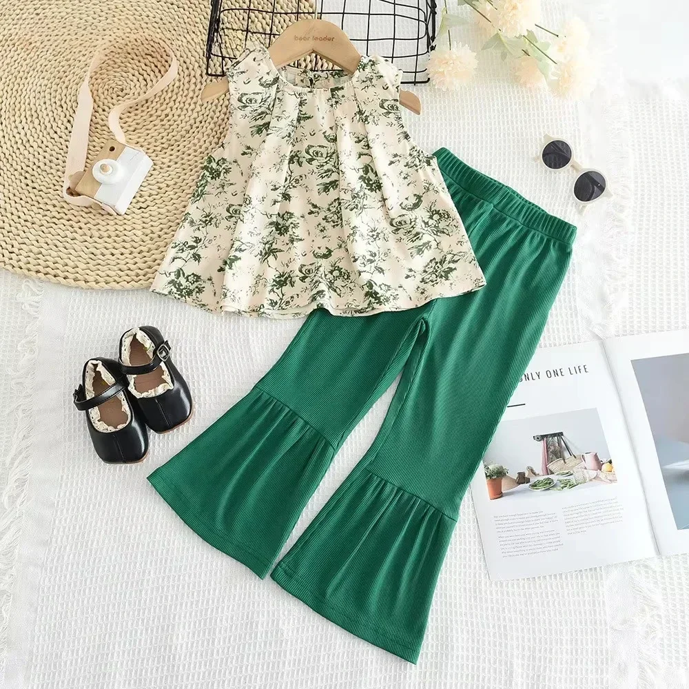 Korean Version Green Sweet Girls Suit Sleeveless Round Neck Print Tops+Bell-bottoms 2Pcs Set Casual Kids Clothes 3-7 Years Wear