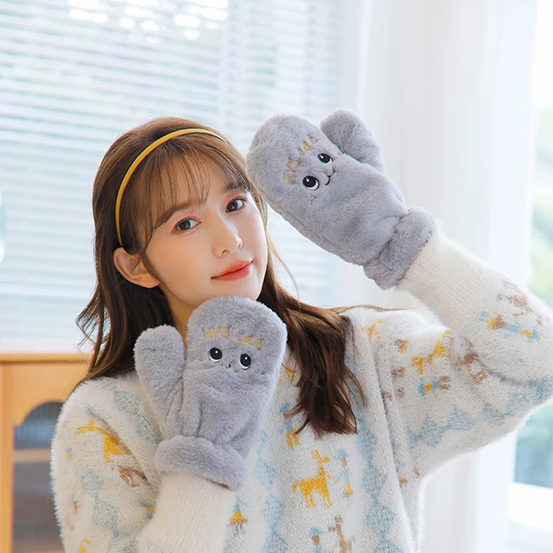 Fashion Women Plush Warm Glove Fur Rabbit Cat Mittens Flip Fingerless Gloves Soft Girls Thick Flexible Half Finger Winter Gloves