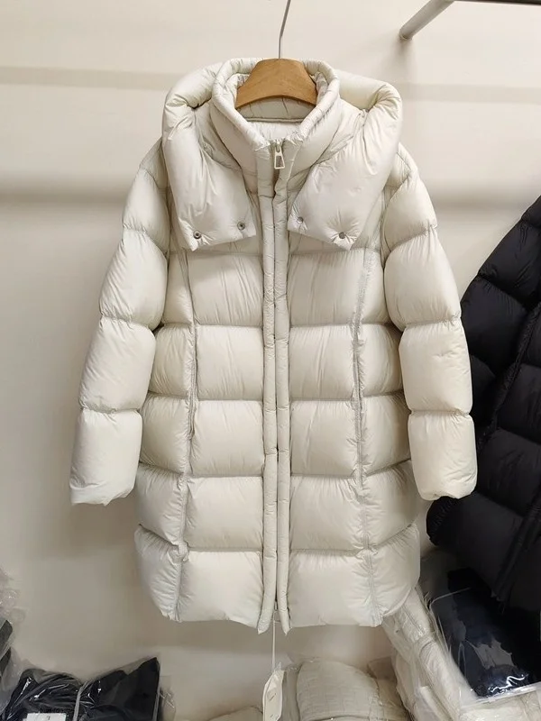 

Длинное пуховое пальто-пуховик для женщин, новая зимняя модель, до колен, оверсайз, утепленное, с капюшоном, для повседневной носки, теплое