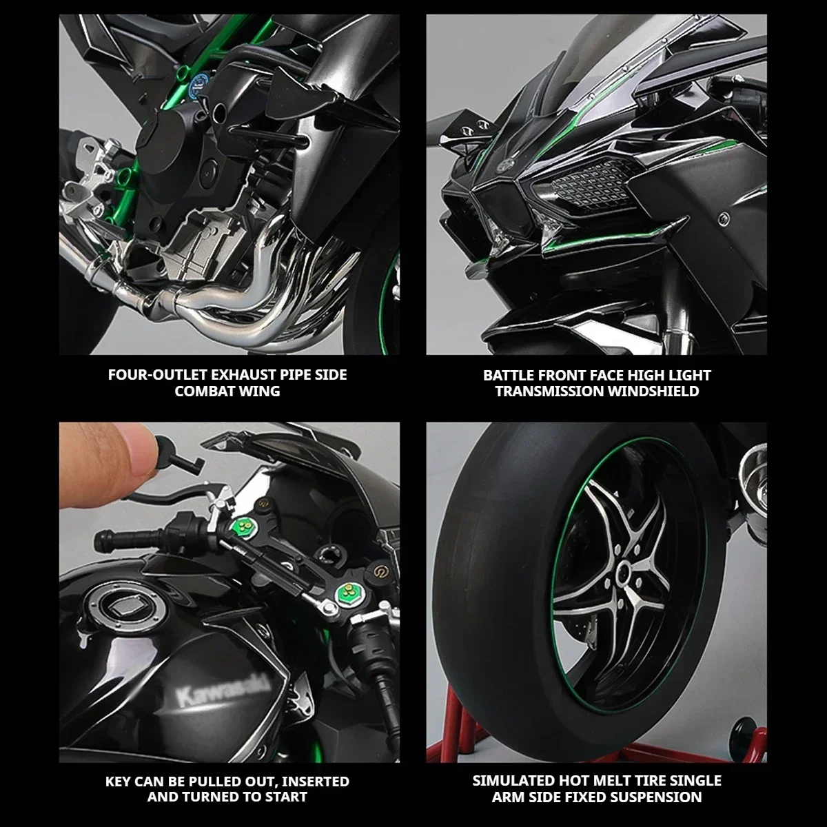 

For Kawasaki 1:6 H2R Motorcycle Model - Ignition and Smoke Simulation,One-Button Start, Alloy Casting, Collector's Display Piece