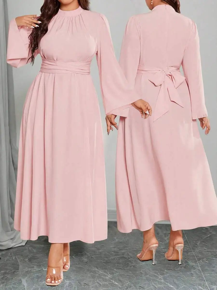 

Elegant Pink A-Line Midi Dress with Stand Collar and Flare Sleeves