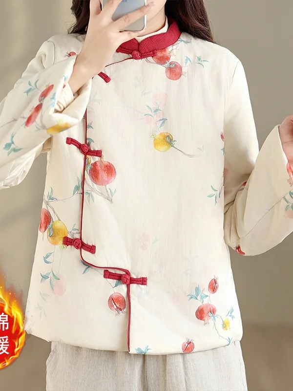 

New Chinese Sle Large Size Cotton Vest Artistic Print Slant Lapel Button up Casual Loose Fit Long Sve Women's Jaet