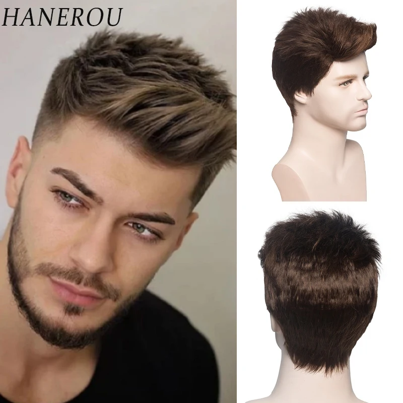 

HANEROU Short Men Wig Pixie Cut Natural Straight Ombre Brown Wig Heat Resistant Fiber for Daily Cosplay Part