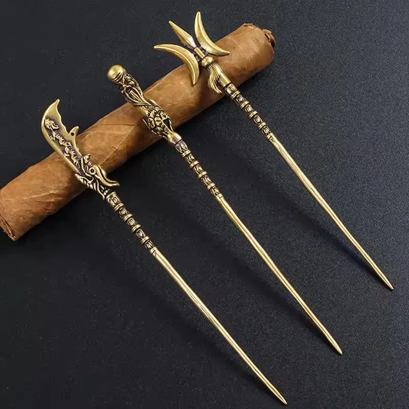 Brass Cigar Drill Dredge Needle Cigar Pass Needle Engraved  Needle Drill  Knife  Holder Cigar Smoking Accessories