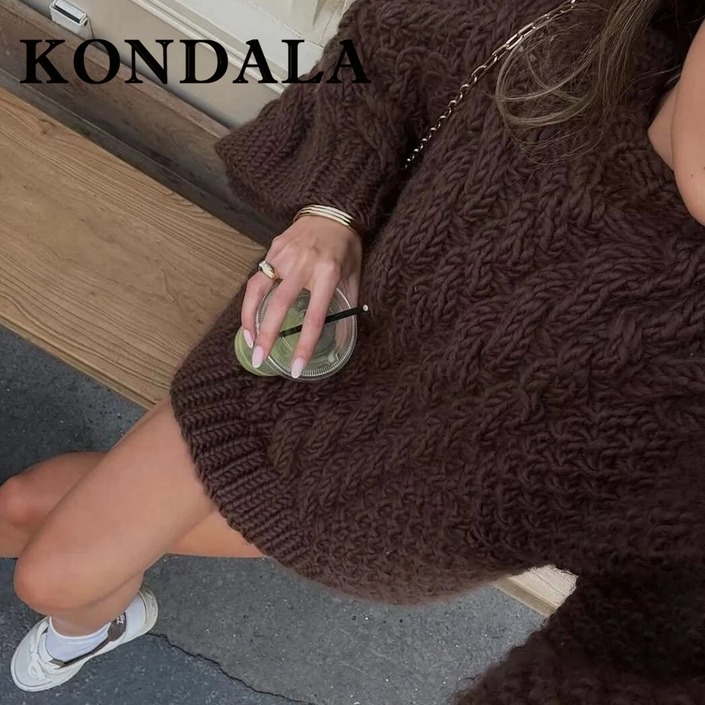 

KONDALA шикарный осенний вязаный темно-красный женский свитер 2025 года, винтажный модный свободный повседневный женский элегантный трикотаж с круглым вырезом и длинными рукавами